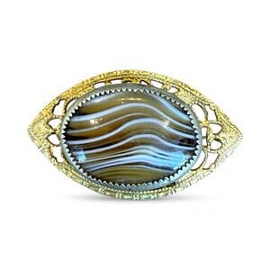Vintage Antique Oval Banded Agate Gold Tone Filigree Brooch Pin C Clasp